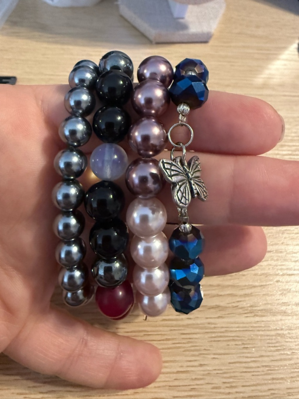 Multi-Strand Pearl & Faceted Bead Bracelet Set - Pink, Black,‎ Silver, Blue